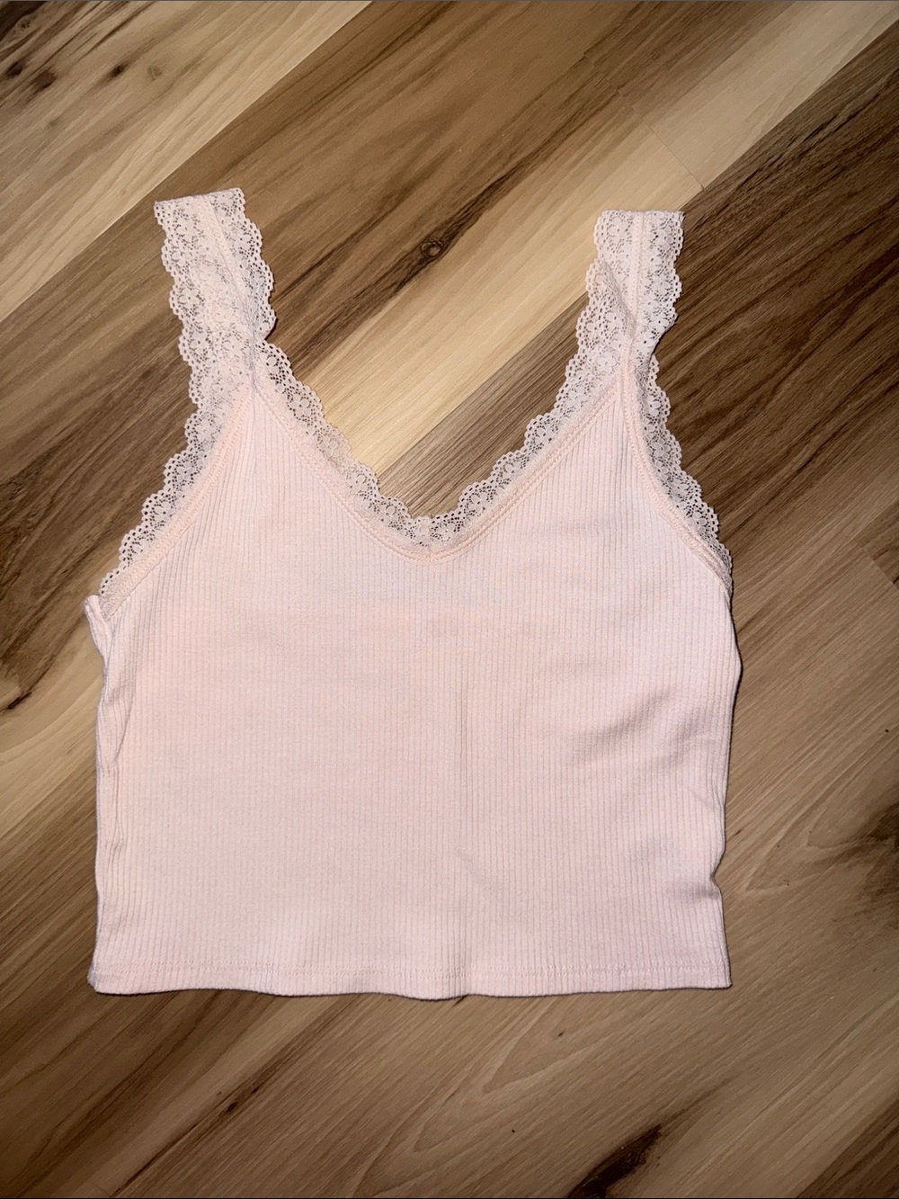 American Eagle Lace-Trim Ribbed Tank Top — Light Pink